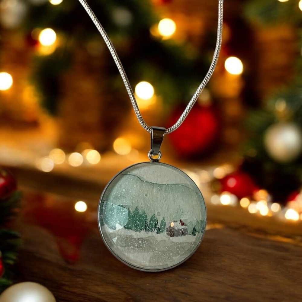Original Watercolor Pendant Necklace with Winter Scene